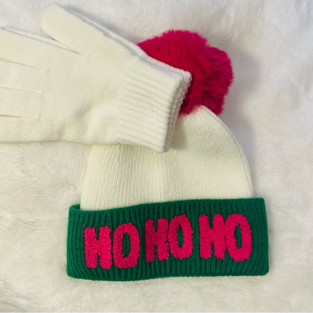 Ho Ho Ho Festive Knit Beanie and Gloves Set